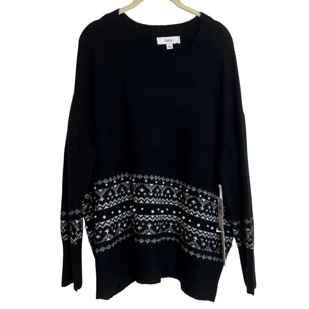 CeCe Womens Fair Isle Embellished Sweater 2X Black White Beaded Rhinestone